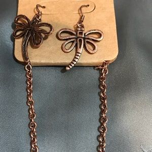 Copper & burnished dragonfly pendant w earrings